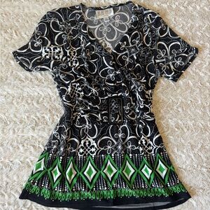 Black and green patterned blouse with buckle accent